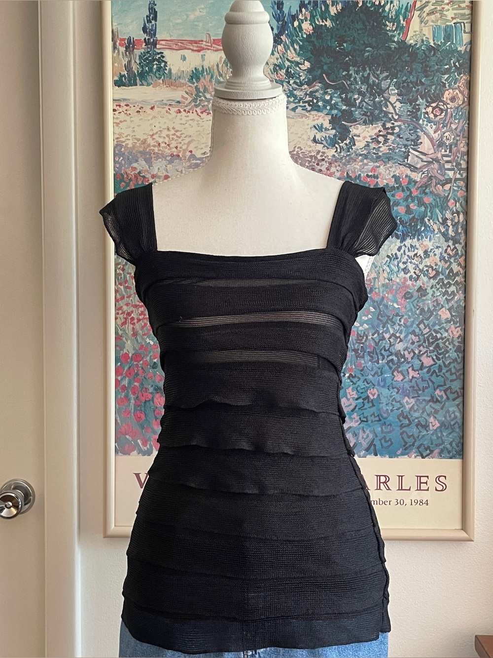 Y2K Black Ruched Tank Top XS Square Neck Banded Fitted Going Out Max Studio